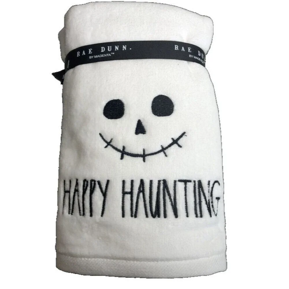 Rae Dunn Halloween Set of 2 Hand Towels Happy Haunting Skull Embroidered Spooky